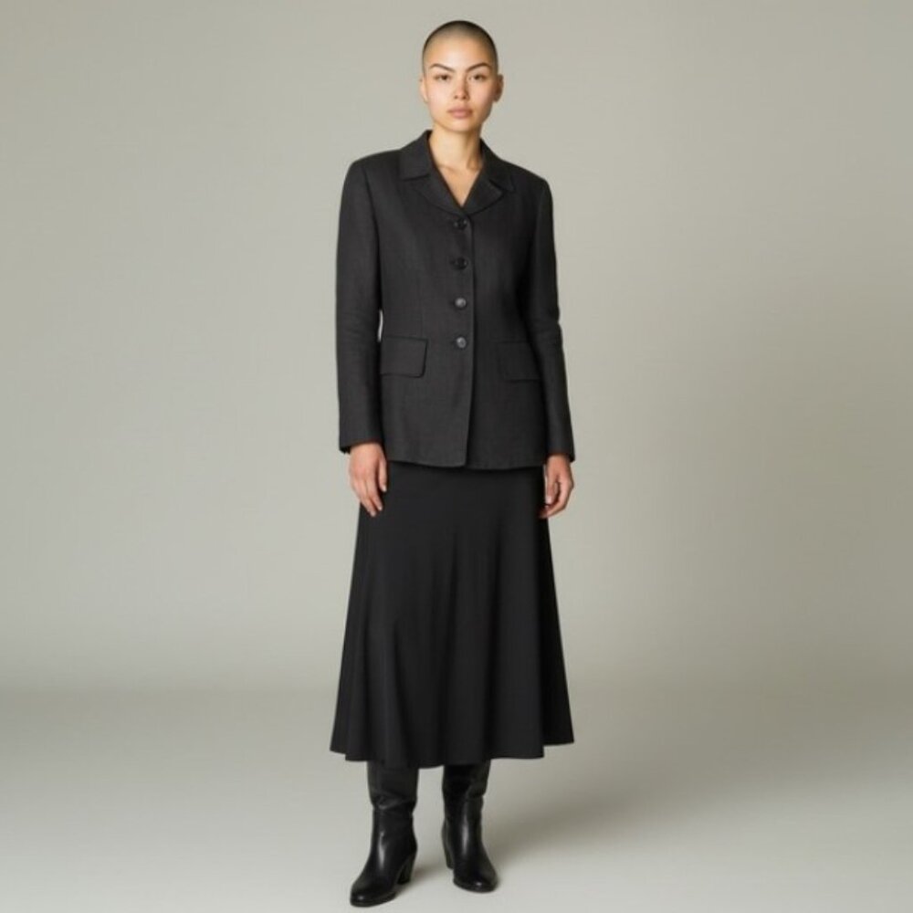 Lida Baday - Black Linen Fitted Mid Length Blazer Jacket